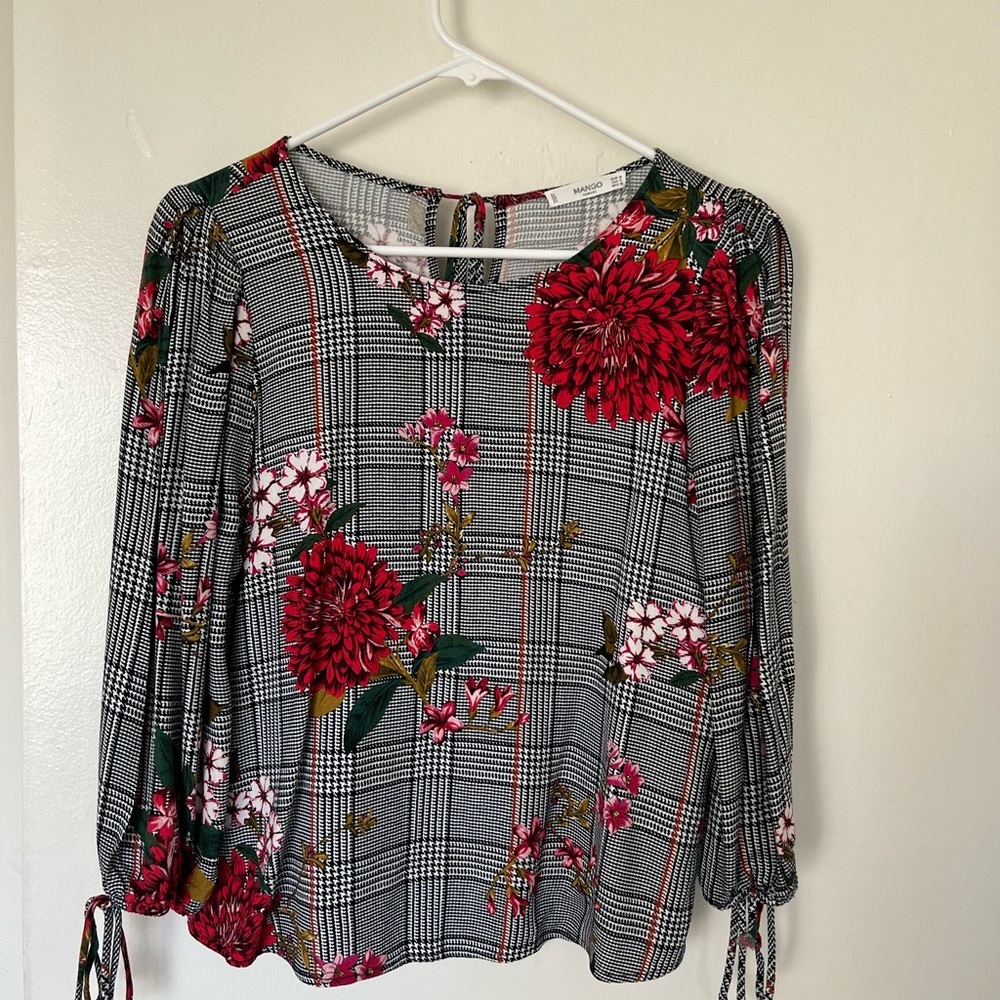 Mango blouse plaid and flowery top with ties on the back and on the sleeves